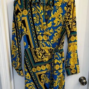 Intempo Faux-Wrap Shirt Dress with Gold and Blue Baroque Print Women’s Size S